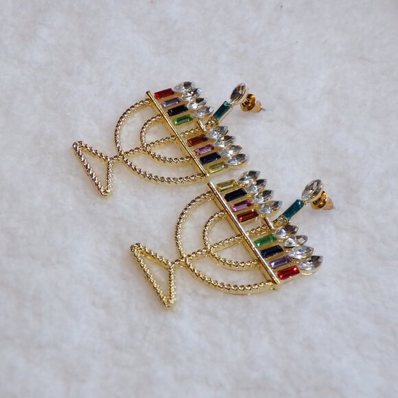 Hanukkah Gold Menorah Multicolor Rhinestone Earrings - Picture 5 of 6